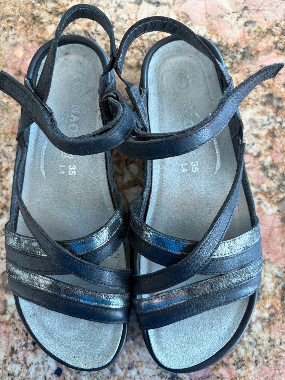 Naot Black and Silver Leather Strappy Sandals - Size 35